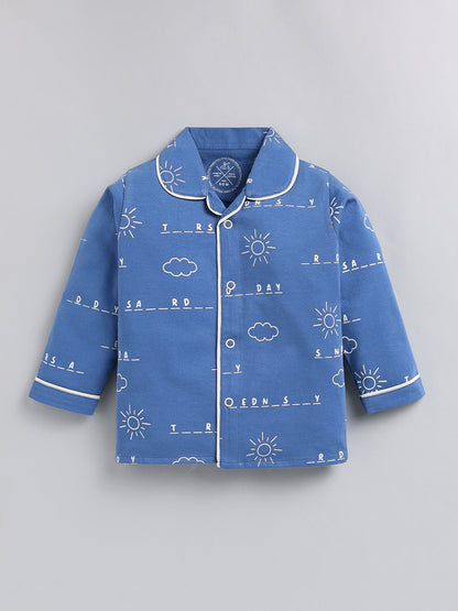Blue Typography Cotton Full Sleeve Night Suit