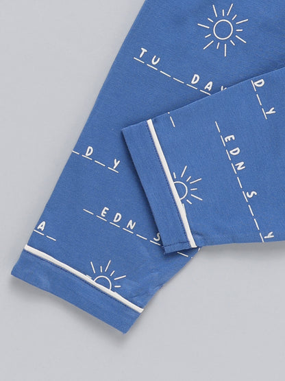 Blue Typography Cotton Full Sleeve Night Suit