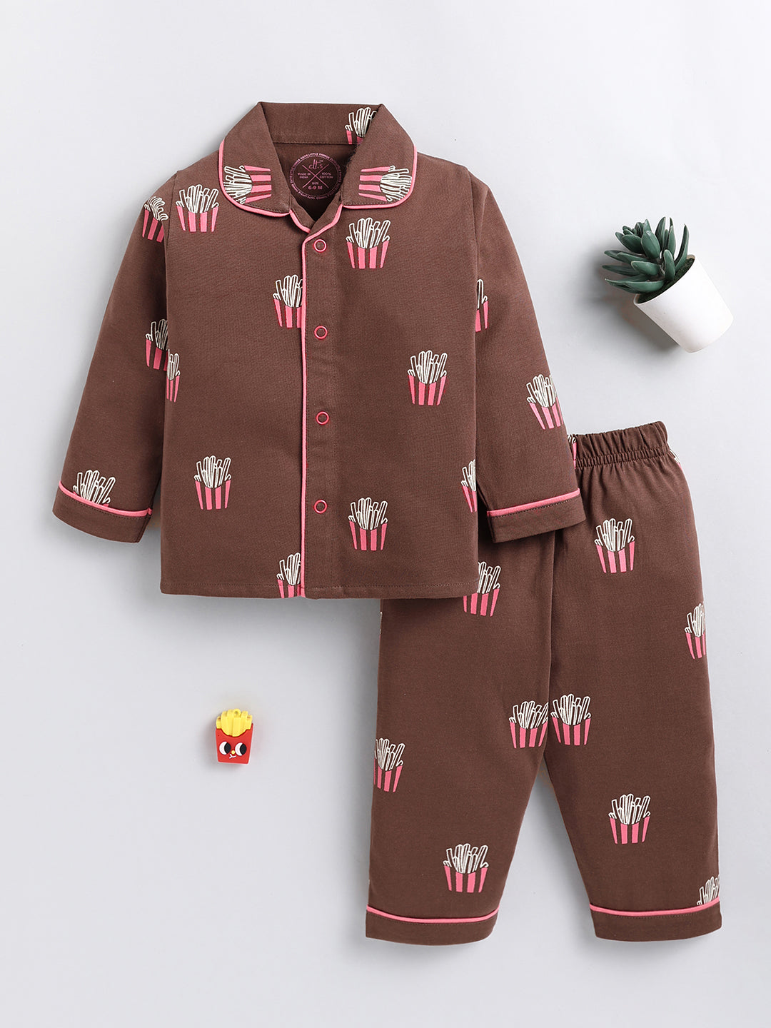 Brown 'Fried' Cotton Full Sleeve Night Suit