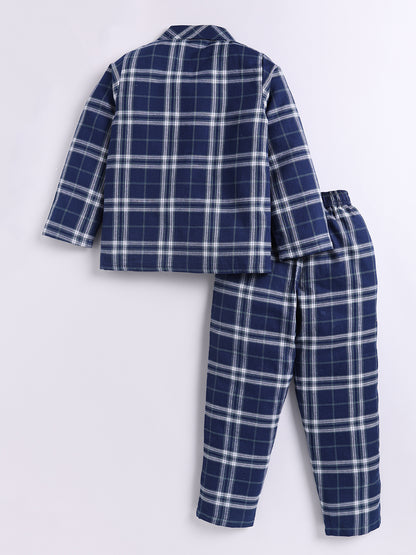 Blue Checked Cotton Full Sleeve Night Suit