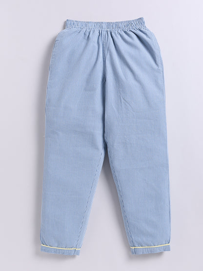 Blue Striped Cotton Full Sleeve Night Suit