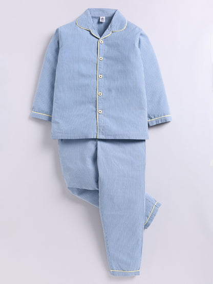 Blue Striped Cotton Full Sleeve Night Suit
