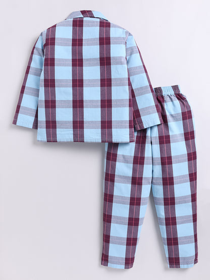 Blue Checked Cotton Full Sleeve Night Suit
