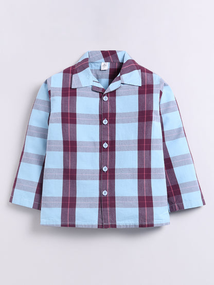 Blue Checked Cotton Full Sleeve Night Suit