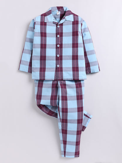 Blue Checked Cotton Full Sleeve Night Suit