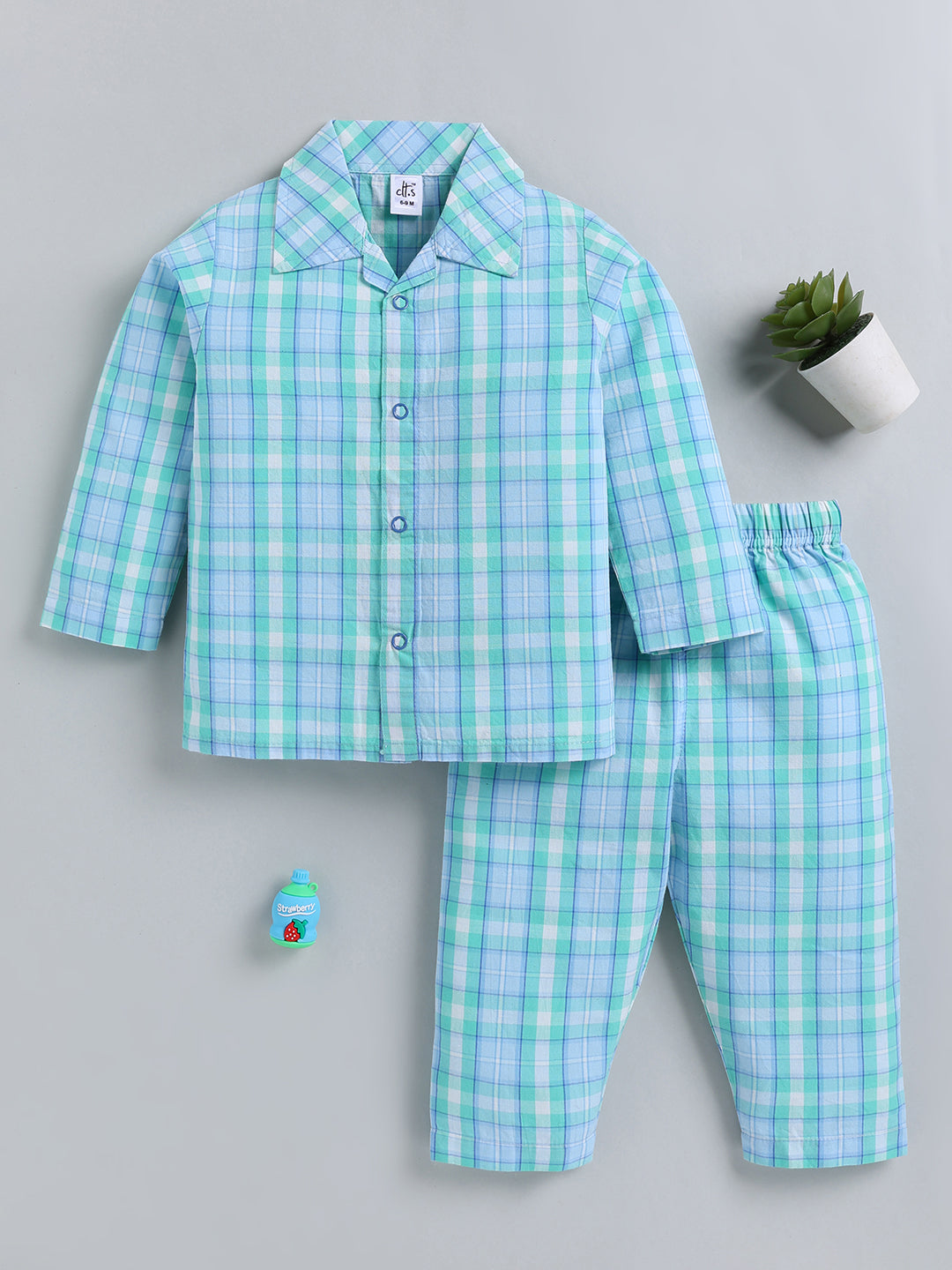 Blue Checked Cotton Full Sleeve Night Suit