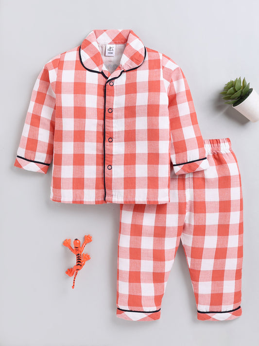 Rust Checked Cotton Full Sleeve Night Suit