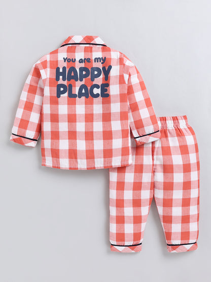 Rust Checked Cotton Full Sleeve Night Suit