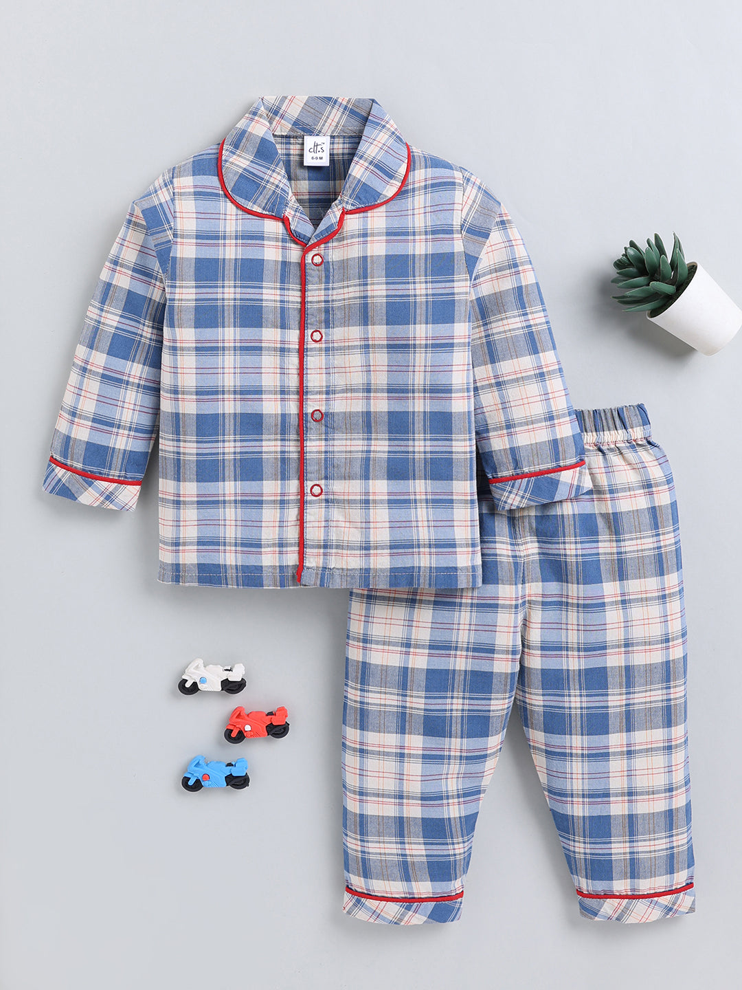 Blue Checked Cotton Full Sleeve Night Suit