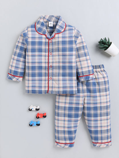 Blue Checked Cotton Full Sleeve Night Suit