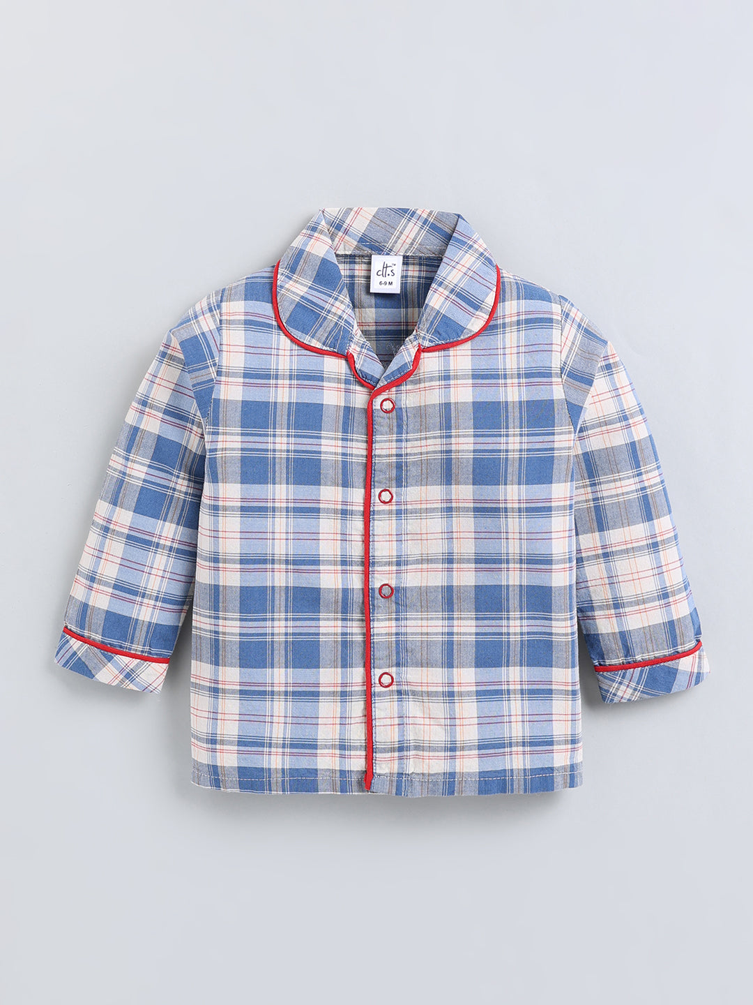 Blue Checked Cotton Full Sleeve Night Suit
