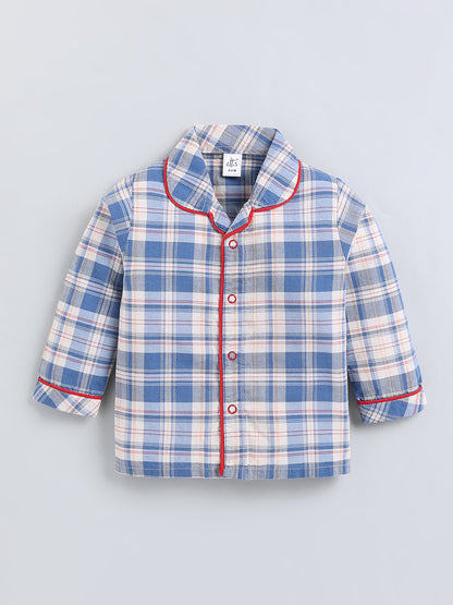 Blue Checked Cotton Full Sleeve Night Suit