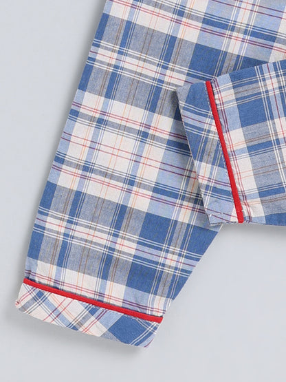 Blue Checked Cotton Full Sleeve Night Suit