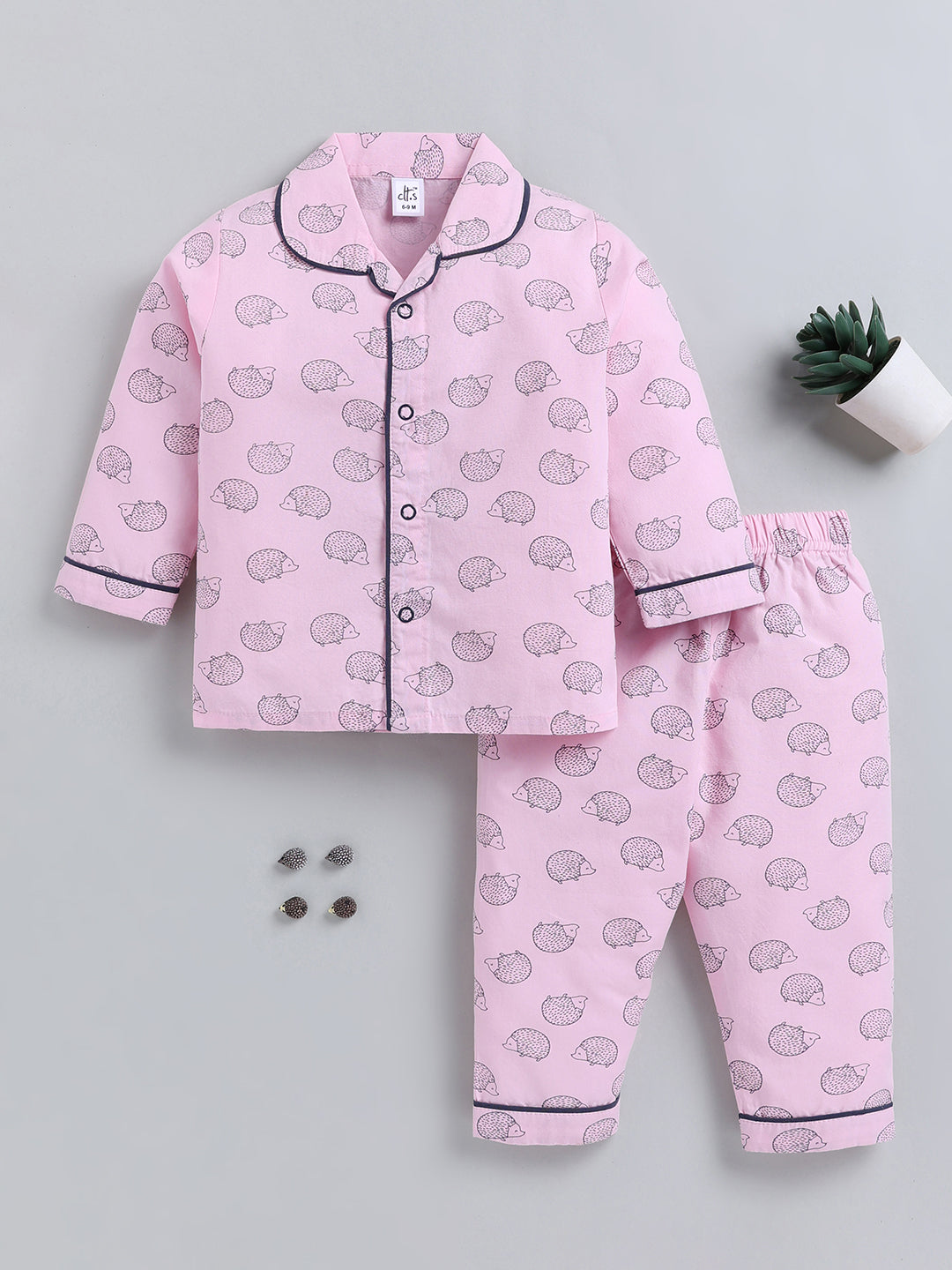 Pink Animal Print Cotton Full Sleeve Night Suit