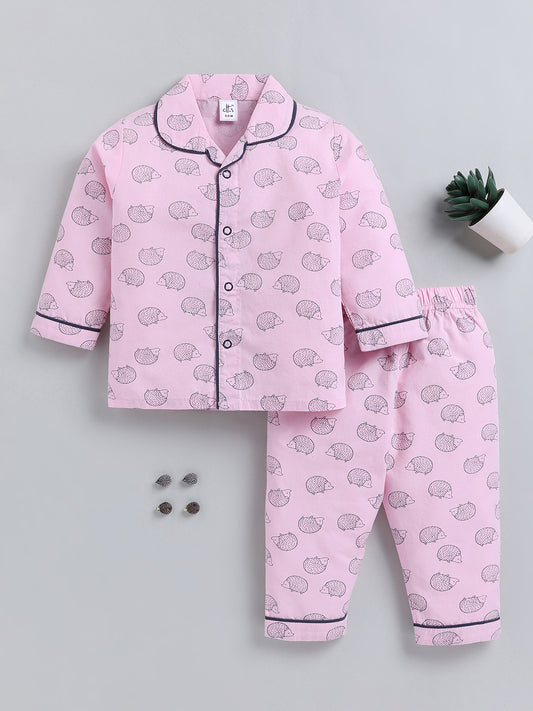Pink Animal Print Cotton Full Sleeve Night Suit