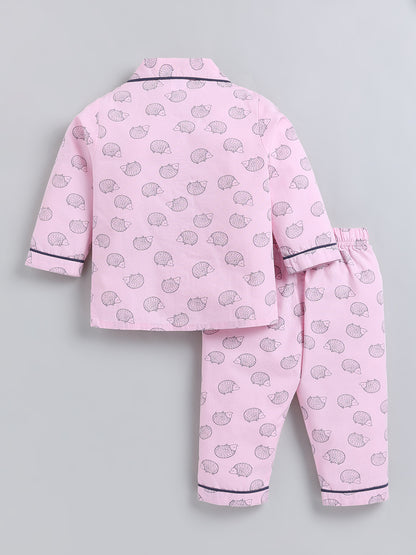 Pink Animal Print Cotton Full Sleeve Night Suit