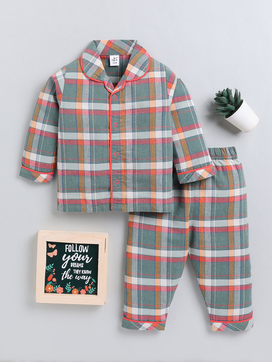 Green Checked Cotton Full Sleeve Night Suit