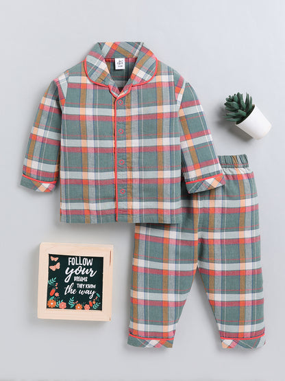 Green Checked Cotton Full Sleeve Night Suit