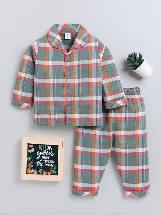 Green Checked Cotton Full Sleeve Night Suit