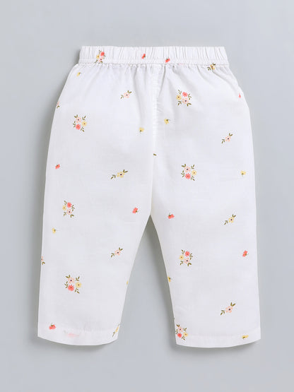 White Floral Cotton Full Sleeve Night Suit
