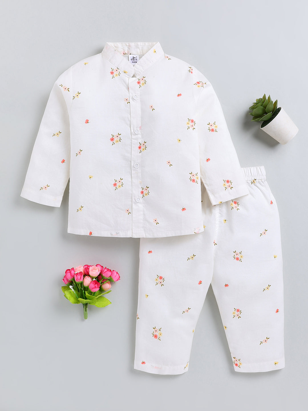 White Floral Cotton Full Sleeve Night Suit
