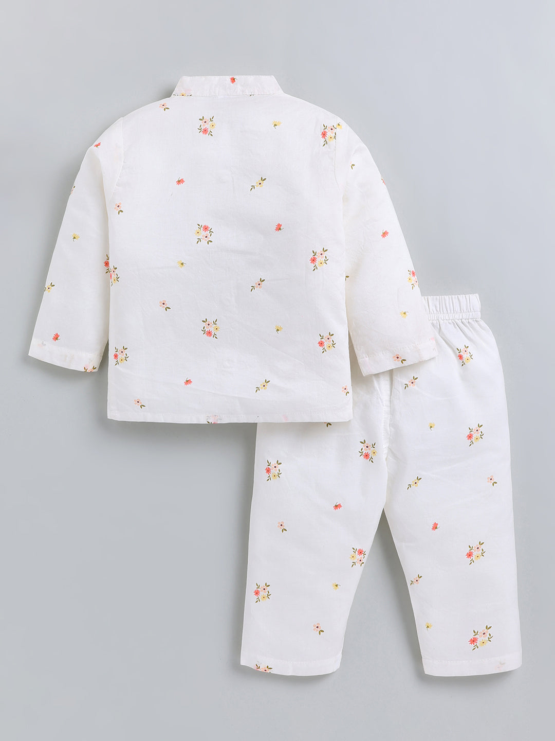 White Floral Cotton Full Sleeve Night Suit