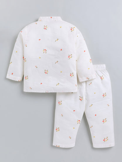 White Floral Cotton Full Sleeve Night Suit