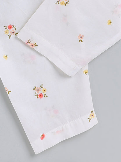 White Floral Cotton Full Sleeve Night Suit