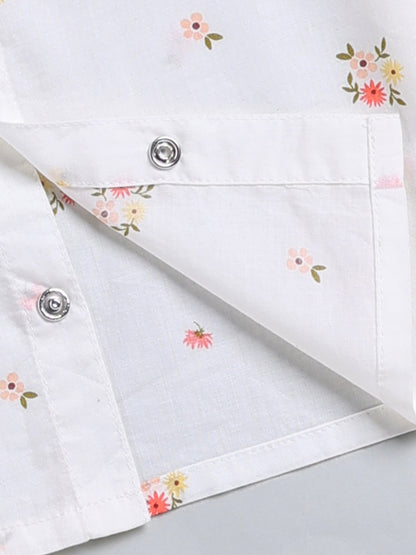 White Floral Cotton Full Sleeve Night Suit
