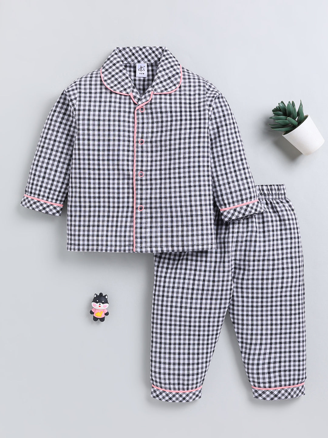 Black Checked Cotton Full Sleeve Night Suit
