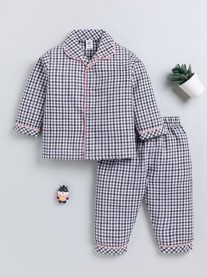 Black Checked Cotton Full Sleeve Night Suit