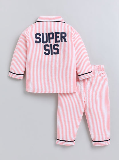"Super Sis" Pink Cotton Full Sleeve Night Suit