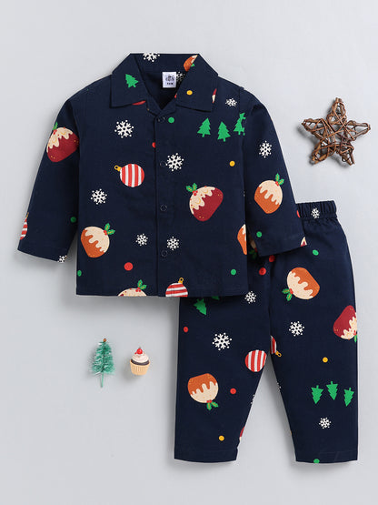 Blue Christmas Theme Cotton Full Sleeve Night Suit