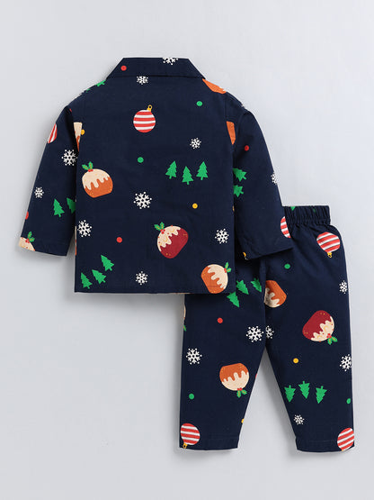 Blue Christmas Theme Cotton Full Sleeve Night Suit