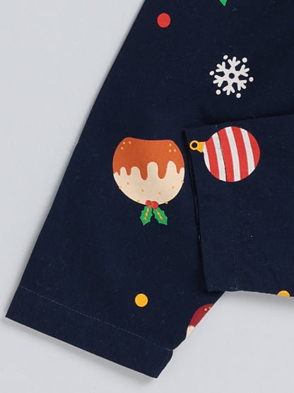 Blue Christmas Theme Cotton Full Sleeve Night Suit