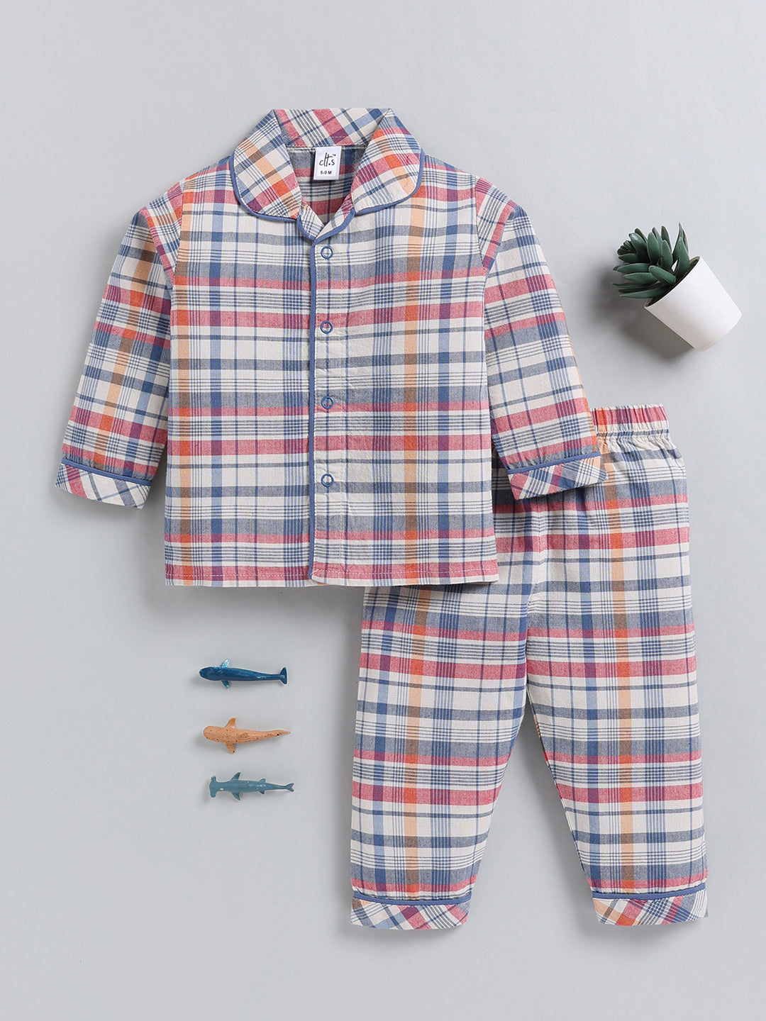 Blue Checked Cotton Full Sleeve Night Suit