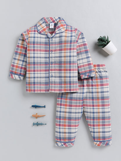Blue Checked Cotton Full Sleeve Night Suit