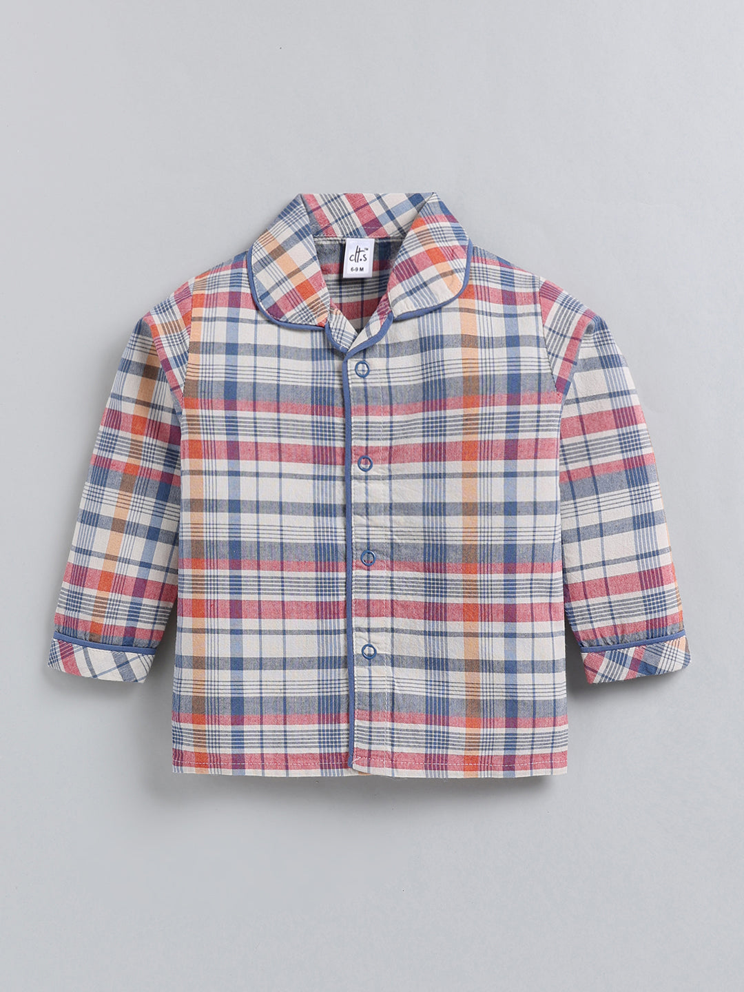 Blue Checked Cotton Full Sleeve Night Suit