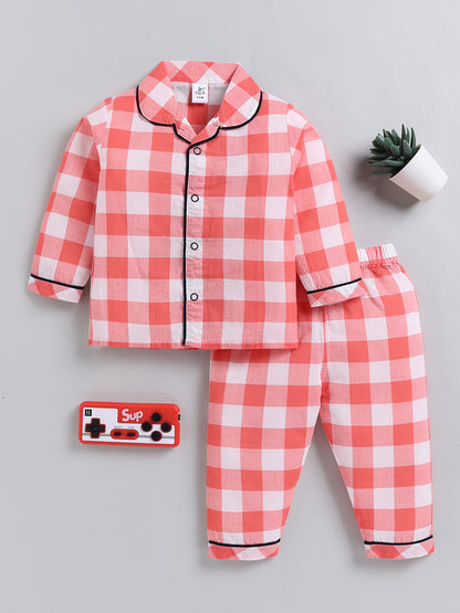 Rust Checked Cotton Full Sleeve Night Suit