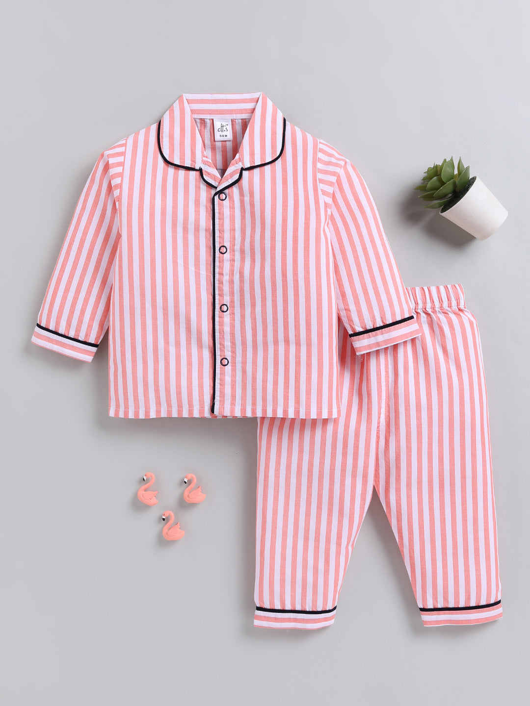 Orange Striped Cotton Full Sleeve Night Suit