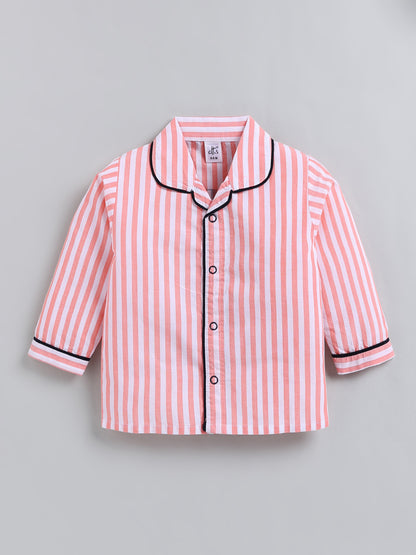 Orange Striped Cotton Full Sleeve Night Suit
