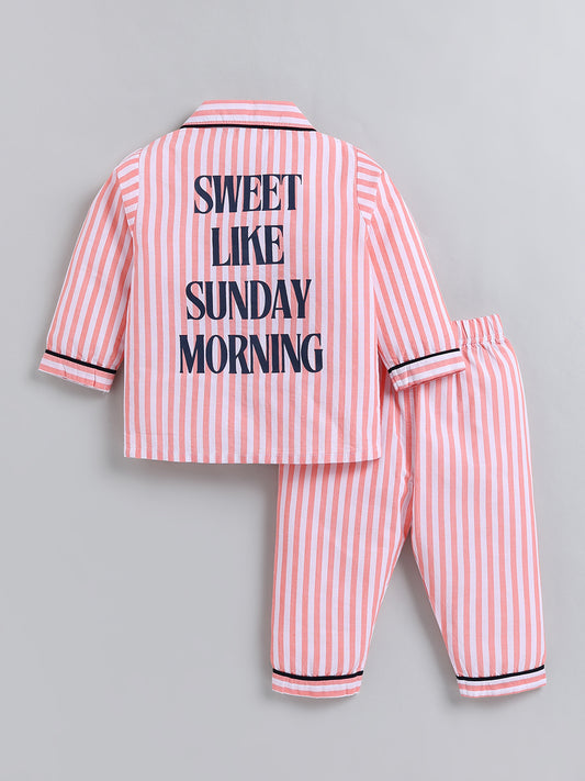 Orange Striped Cotton Full Sleeve Night Suit