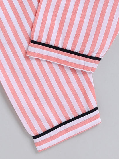 Orange Striped Cotton Full Sleeve Night Suit