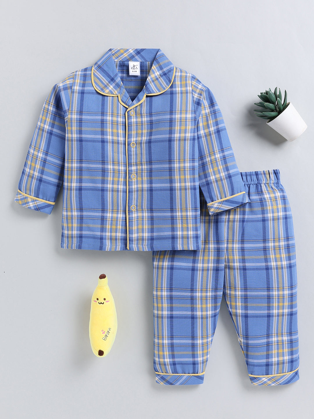 Blue Checked Cotton Full Sleeve Night Suit