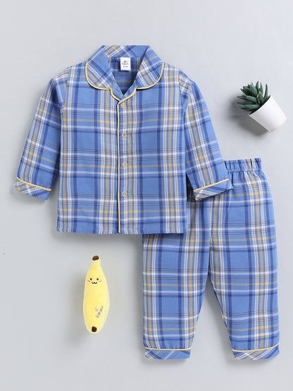 Blue Checked Cotton Full Sleeve Night Suit