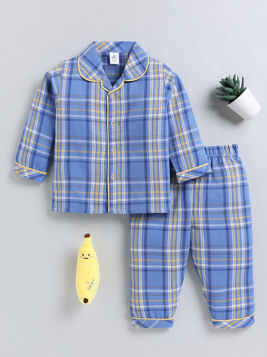 Blue Checked Cotton Full Sleeve Night Suit