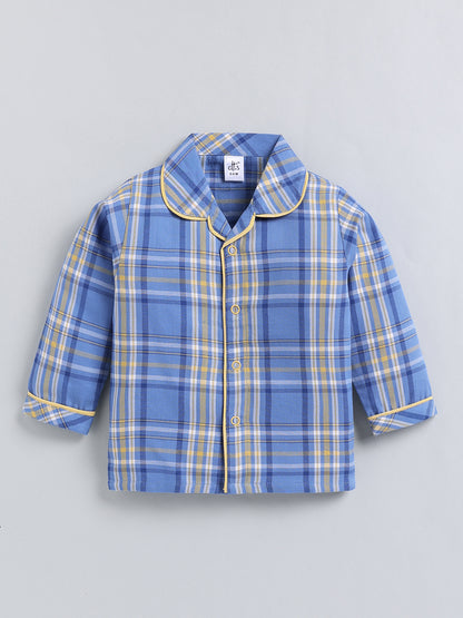 Blue Checked Cotton Full Sleeve Night Suit