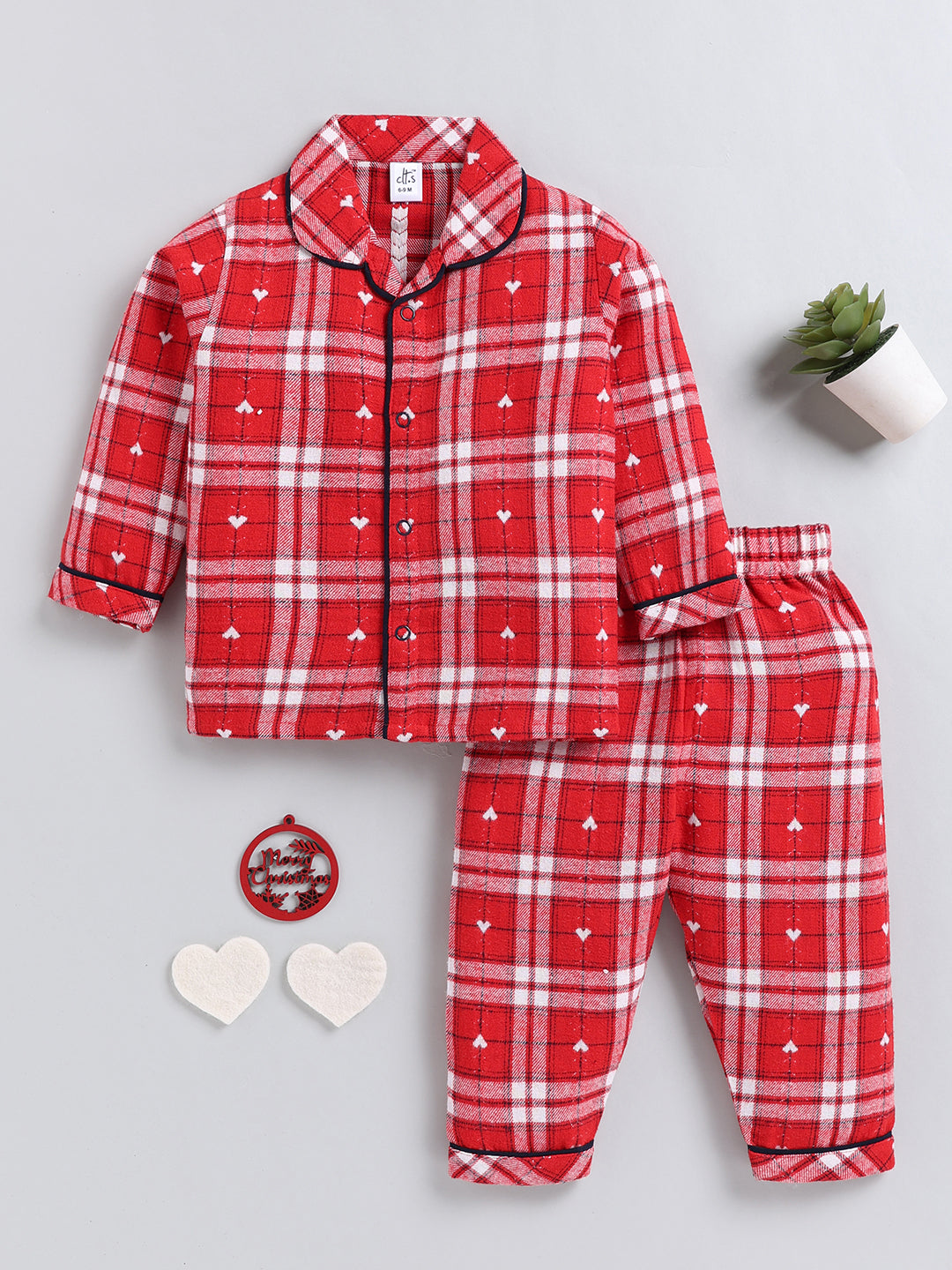 Red Checked Cotton Full Sleeve Night Suit