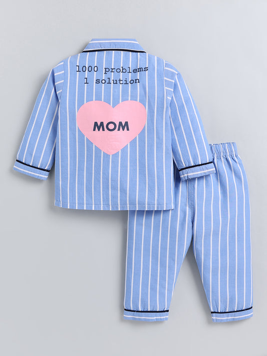 Blue Typography Cotton Full Sleeve Night Suit