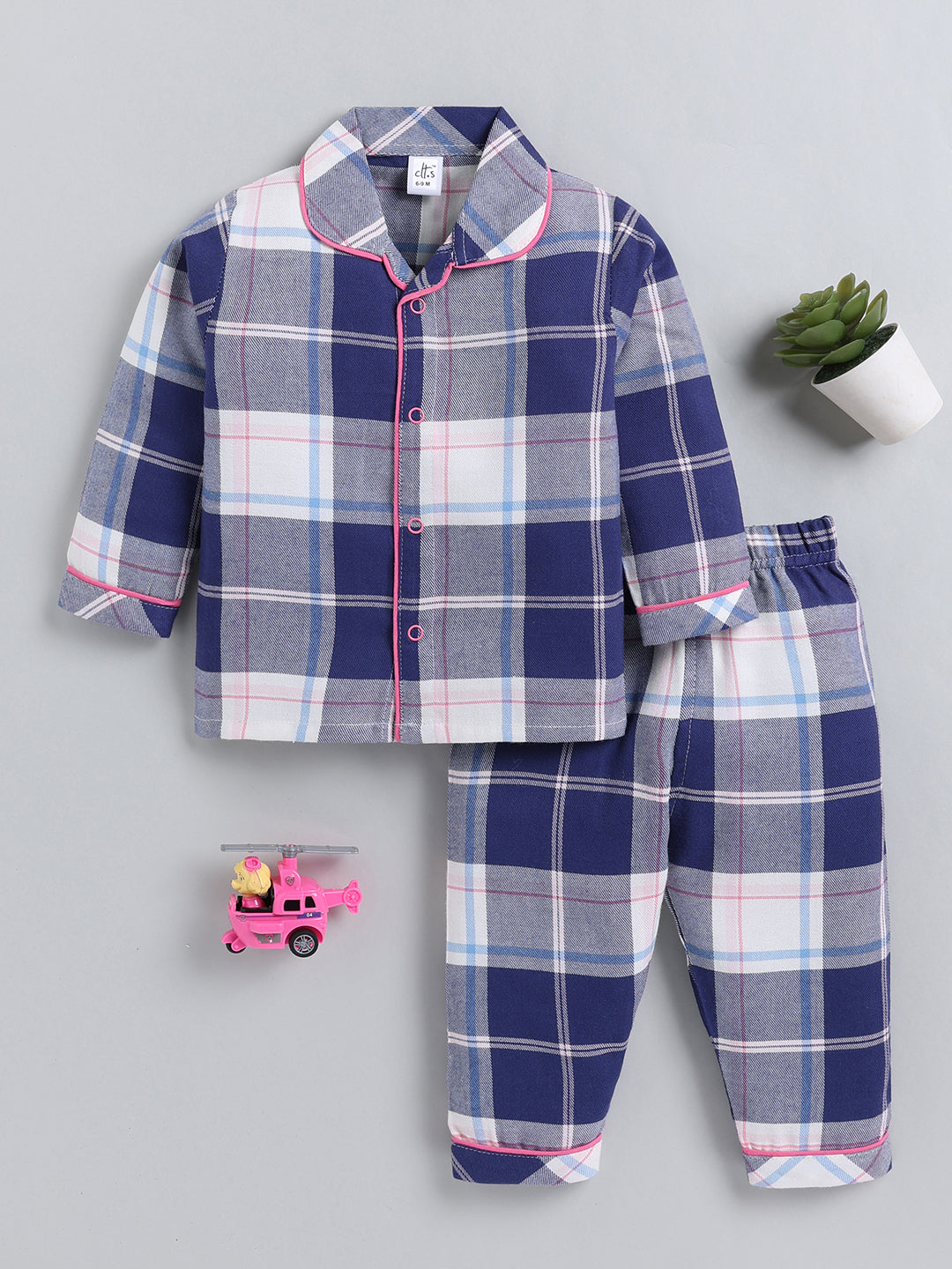 Blue Checked Cotton Full Sleeve Night Suit